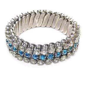 Vintage Rhinestone Expansion Bracelet, Clear & Turquoise, 1950s